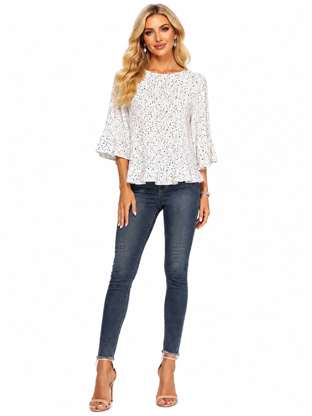 Apt. 9 Womens Size Medium White Speckled Bell Sleeve Peplum Blouse